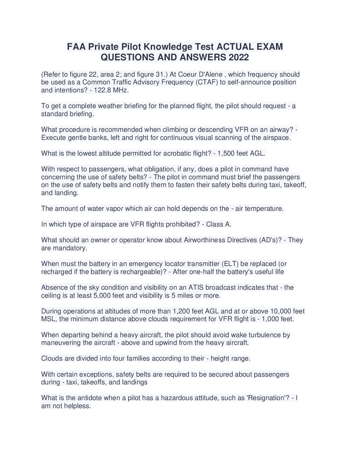 Preview image for FAA Private Pilot Knowledge Test ACTUAL EXAM  QUESTIONS AND ANSWERS 2022